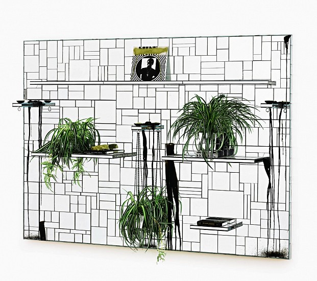 Rashid Johnson, Cosmic Connection
2010, Mirrored tiles, black soap, wax, vinyl, books, CB radio, shea butter, space rock and spider plants